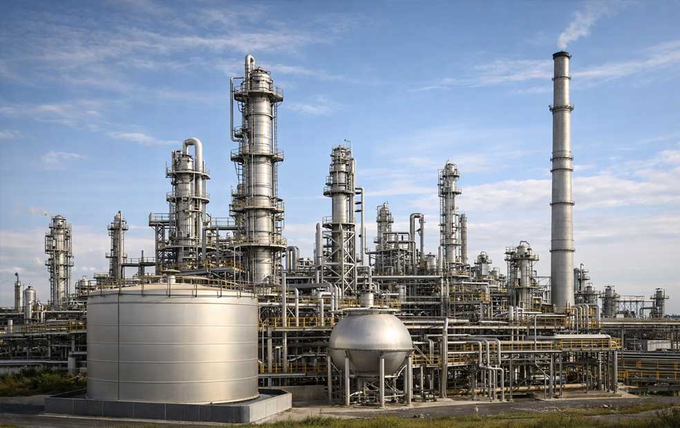 Close-up of metallic industrial pipes and fittings with threaded connections and a valve mechanism.